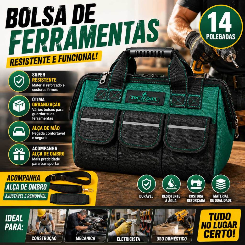 Caixa de Ferramentas Profissional 14 Polegadas - Bolsa de Armazenamento Multiuso para Ferramentas