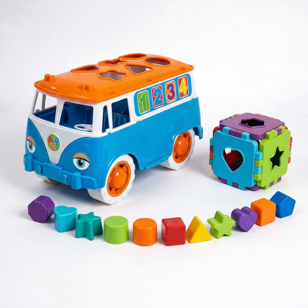 Kit Kombi Educativa + Cubo Educativo | Acompanha12 Peças de Encaixar | Carrinho Meninos +12 Meses | INMETRO | QUEEN SHOP