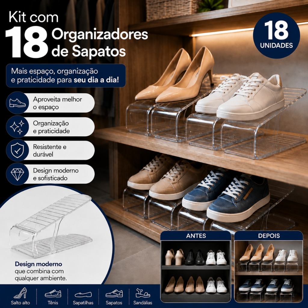 Kit Organizadores Durável Acrílico Transparente Porta Sapato Tênis Armário Closet Relcom