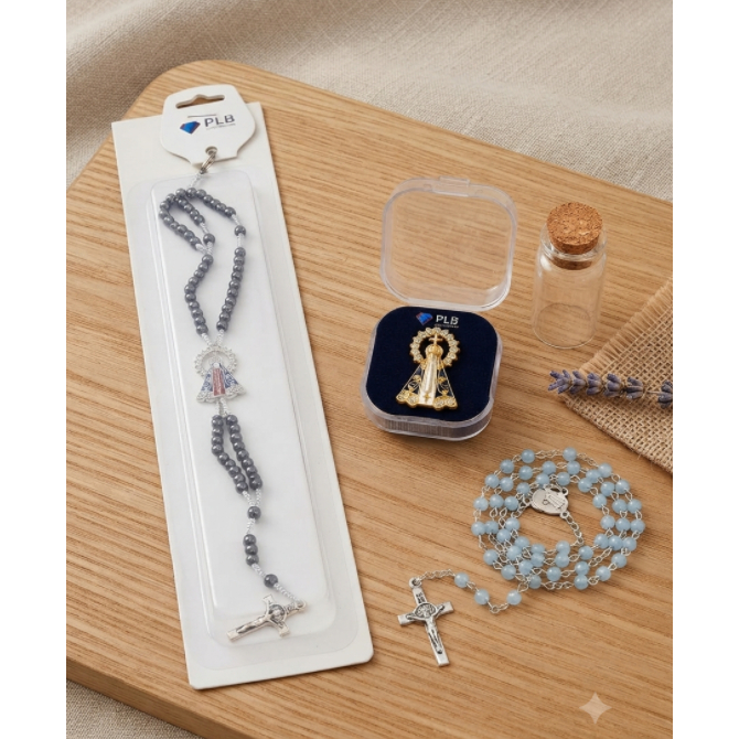 Kit Nossa Senhora Aparecida Terço Pulso Hematita Terço Oval Pérola Broche Dourado Presente Religioso