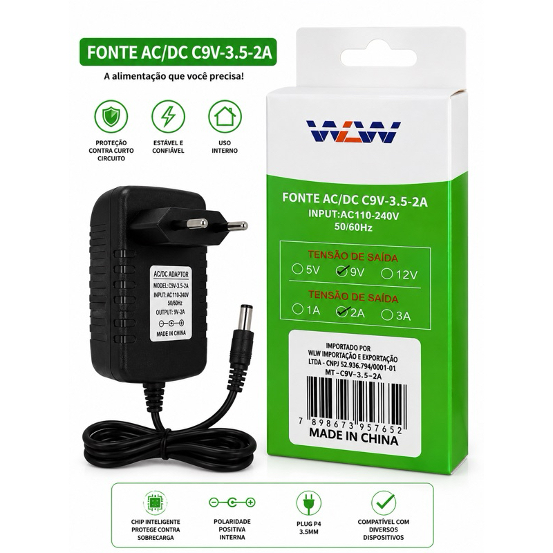 Fonte AC/DC C9V-3.5-2A | 9V 2A Plug P4 3,5mm Bivolt