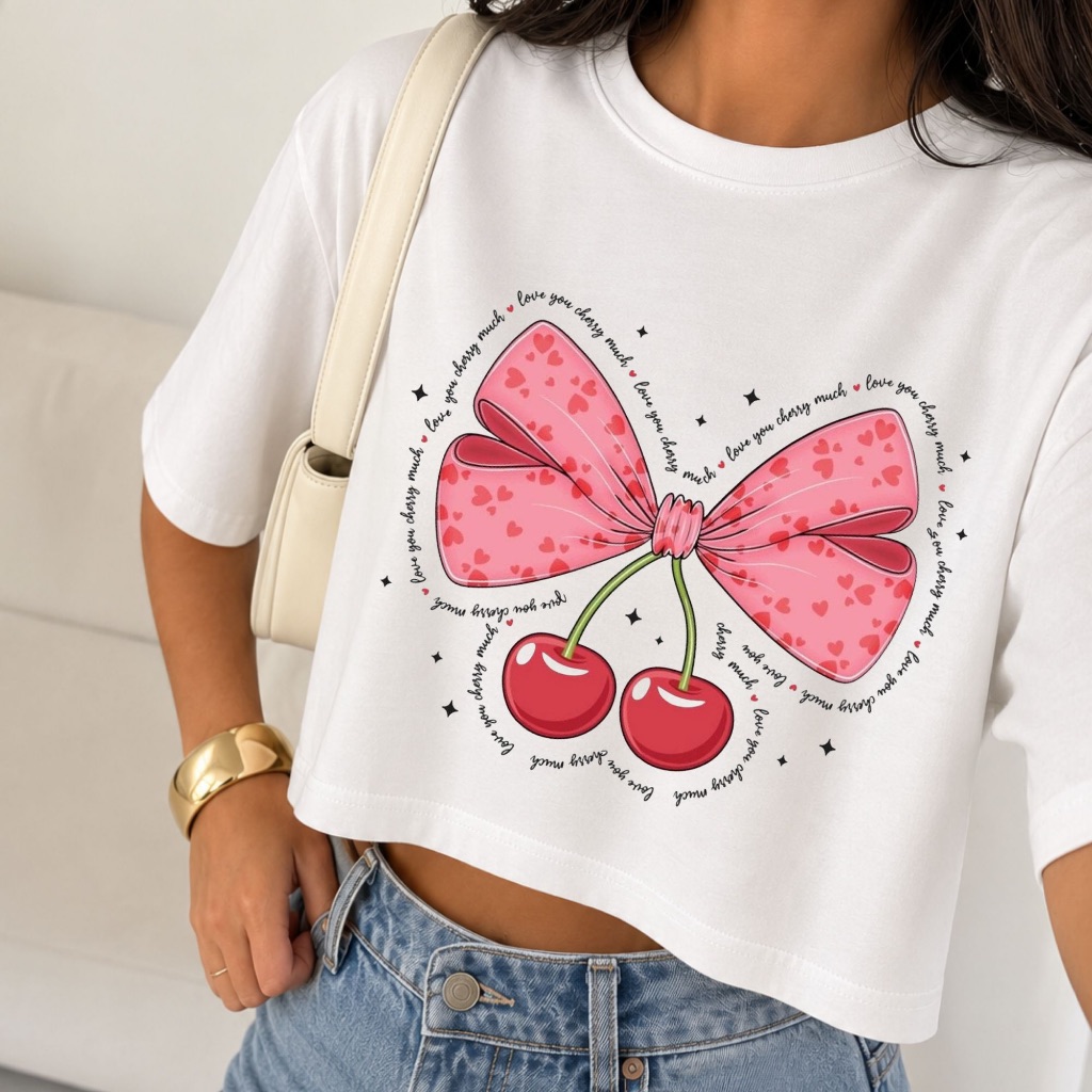Cropped Oversized Feminina Cherry Club 100% Algodão Estampada Premium Streetwear Moda Casual Aesthetic Confortável Tend