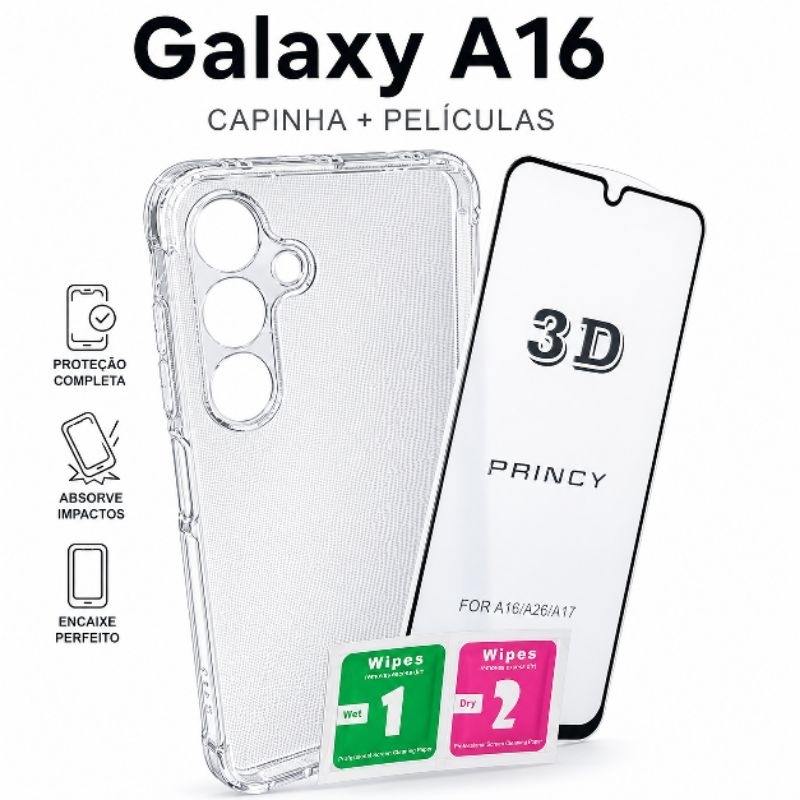 Capa Samsung Galaxy A16 Capinha TPU Transparente ou Kit Capa + Película de Vidro 3D, Cerâmica ou Privacidade