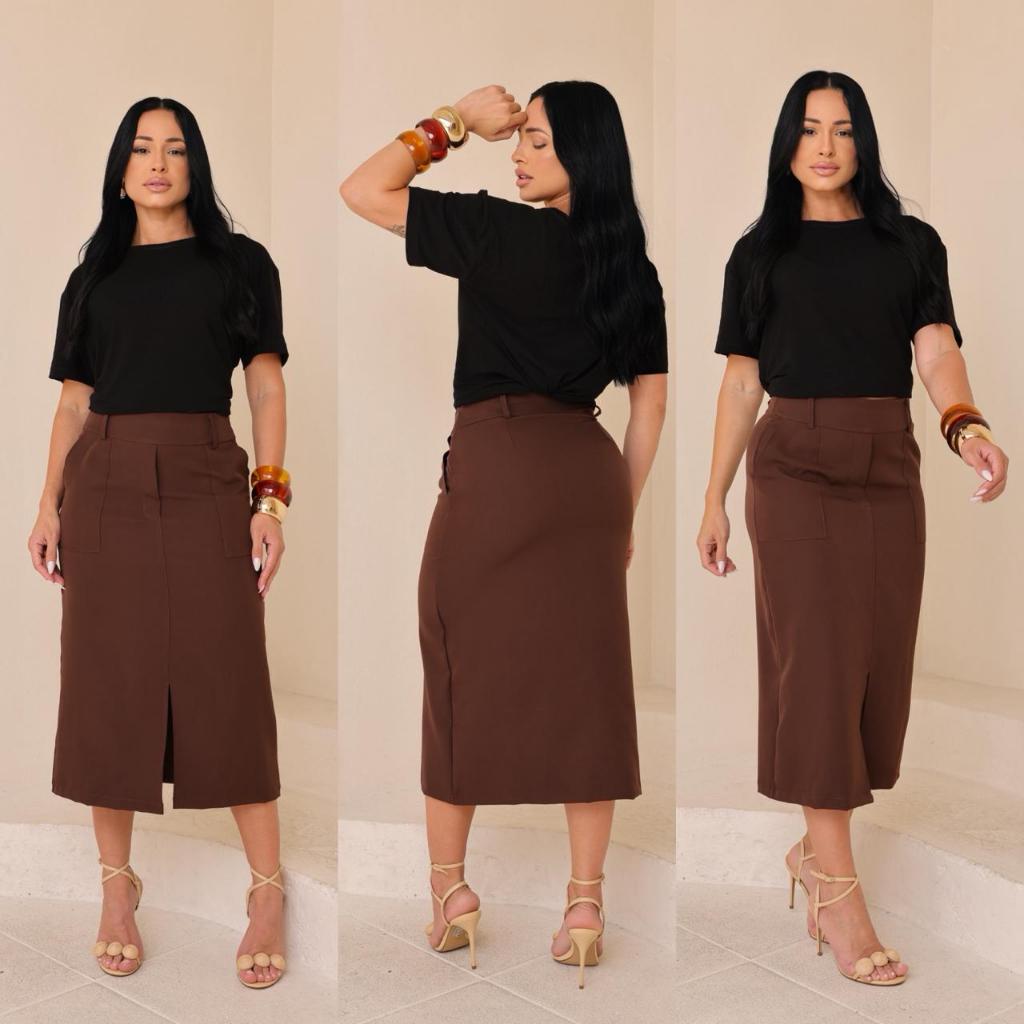 Saia Midi Alfaiataria Cintura Alta Cinto Bolsos Moda Feminina Evangélica Elegante Estilosa Luxo
