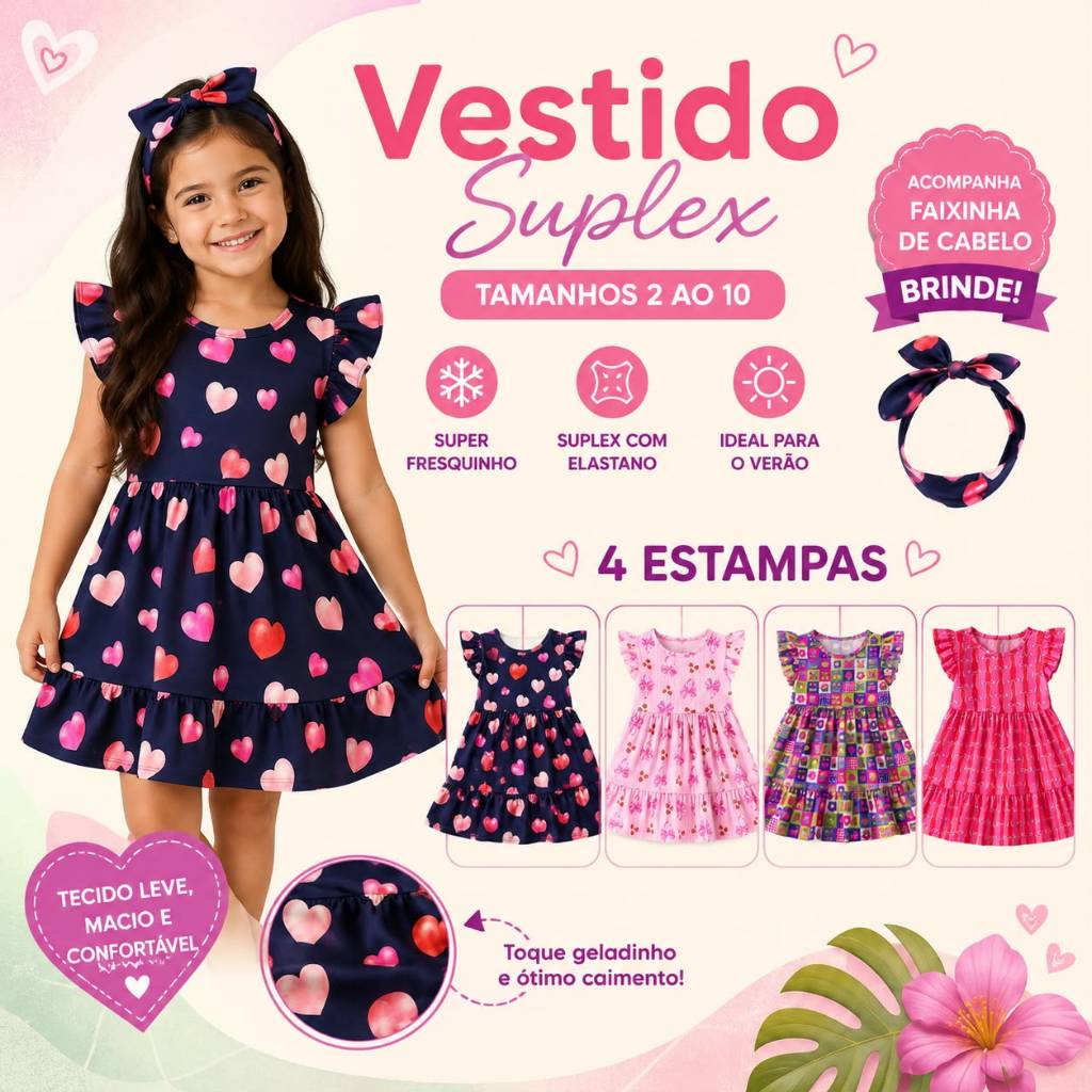Vestido Infantil Menina Soltinho  Festa Roupa Criança Feminino Estampado 2 ao 12 anos