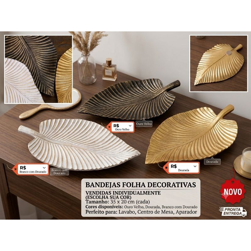 Bandeja Folha Decorativa de MDF/ dourada, ouro velho e branco c/ dourado Centro De Mesa Lavabo Aparador 35x20cm