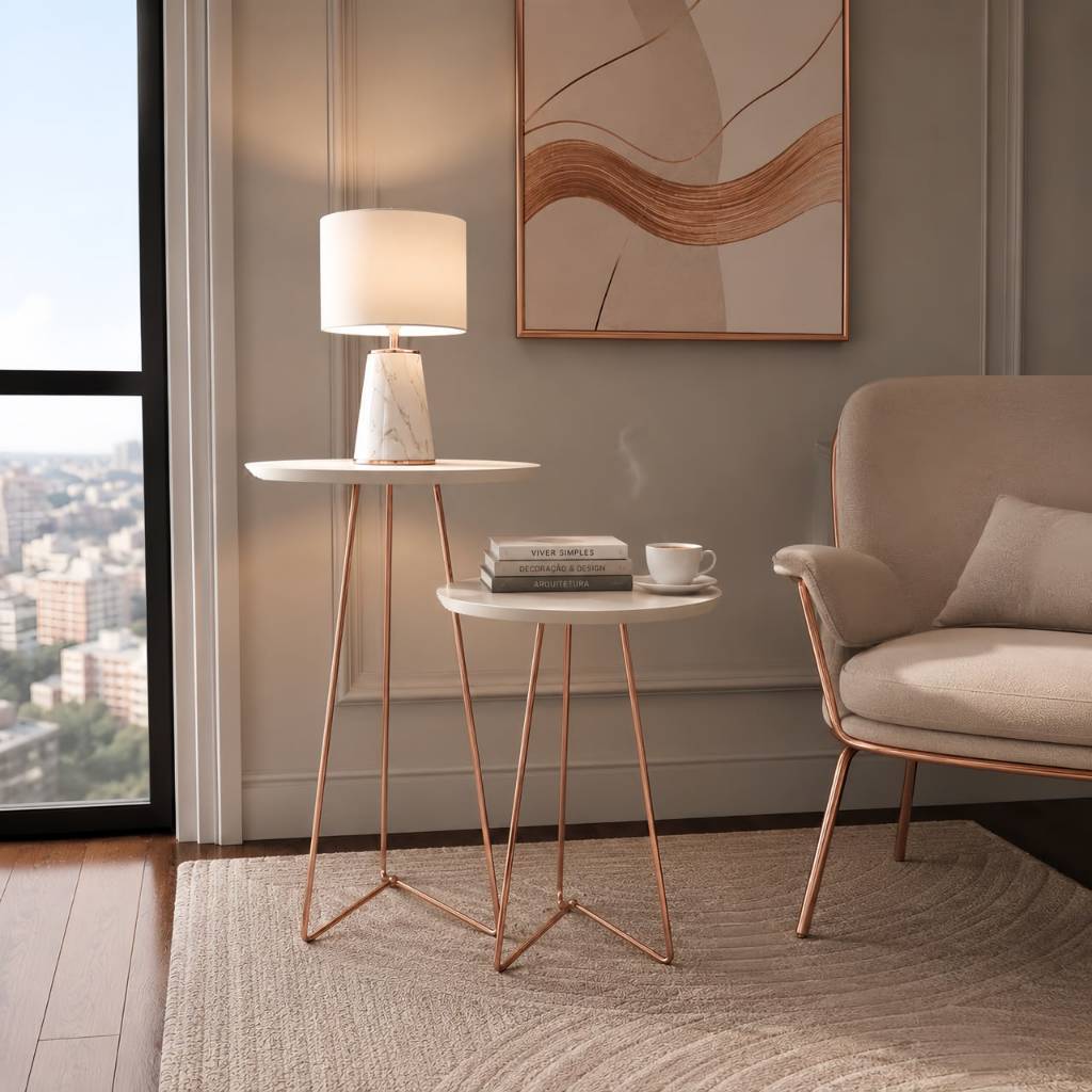 Kit 2 Mesas de Cabeceira MDF Pés Tripé Aço Rosé Gold Para Quarto Sala De Estar Hall De Entrada
