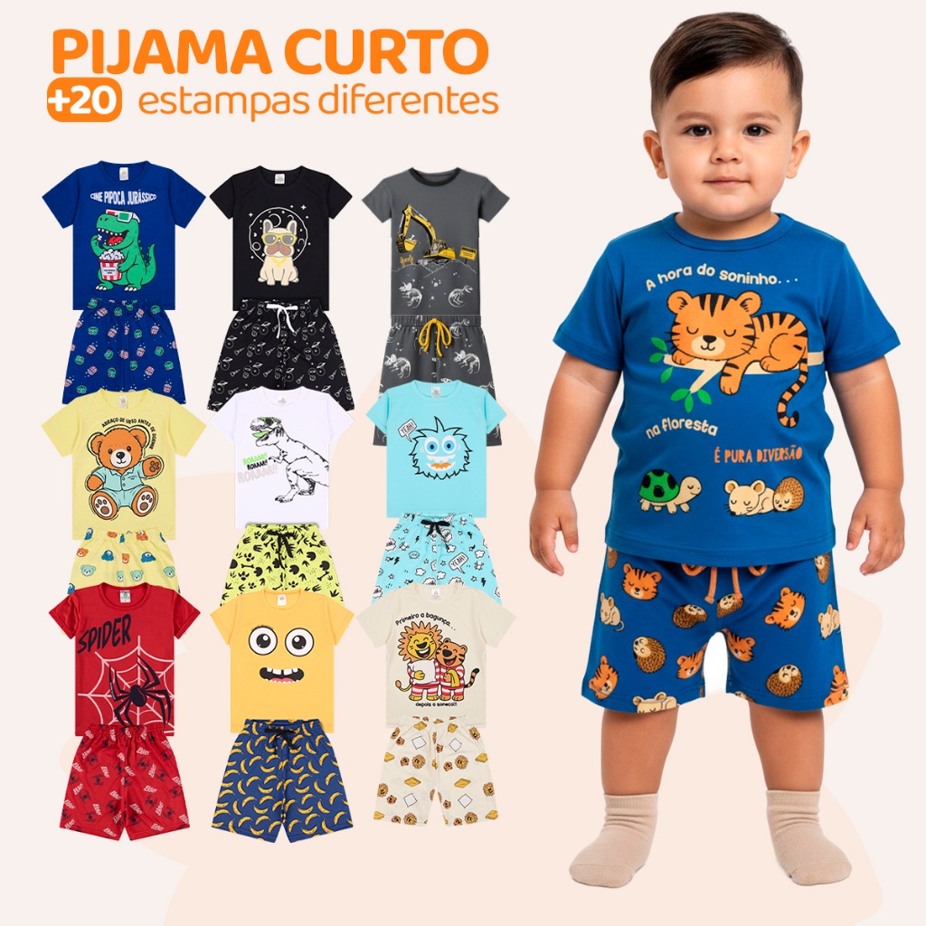 Kit Sortido 8 Peças Pijama Infantil Menino - 4 Camisetas + 4 Bermudas Kit com 4 Pijamas de Roupa Infantil Menino Verão