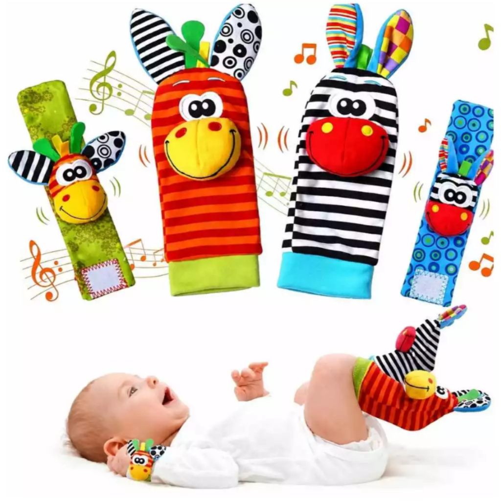 Kit Sozzy Chocalho Bebê Pulseira e Meia 4 Peças Estímulo Sensorial