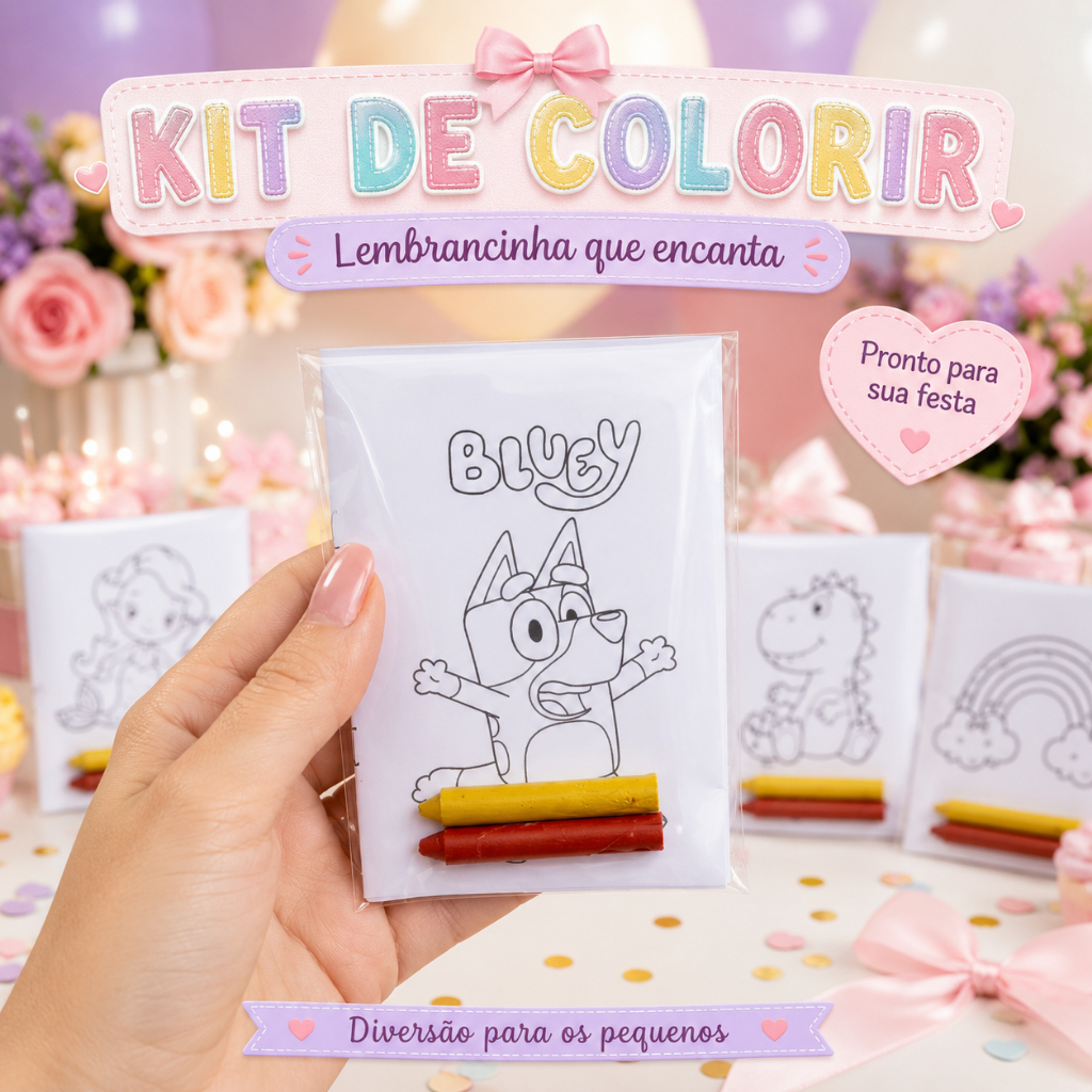 Kit Colorir Bluey  com Giz de Cera | Lembrancinha Infantil Criativa | Brinde Festa Personalizado