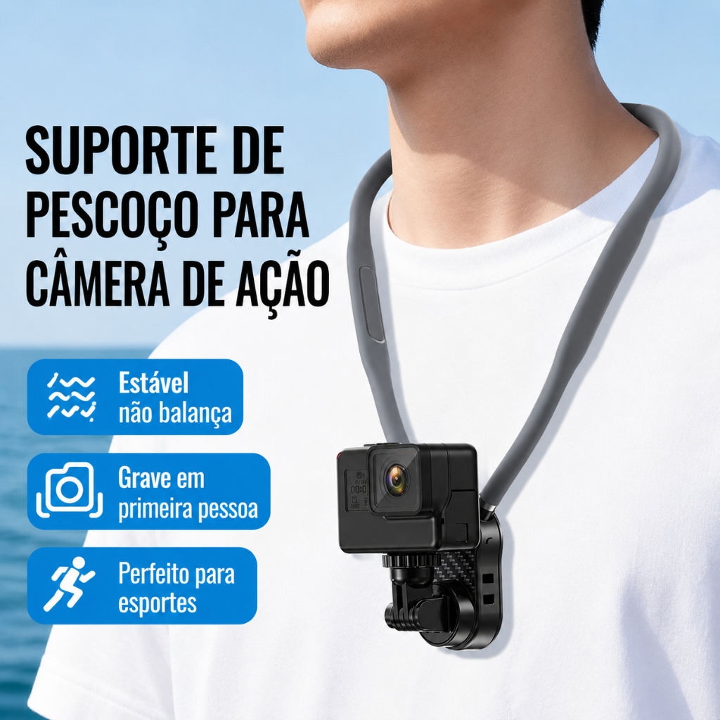 Suporte de Pescoço POV para Celular ou Câmera de Ação | Gravação em Primeira Pessoa | Ajuste 360°