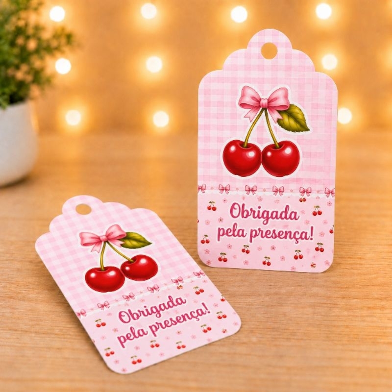 Tag de Agradecimento Cerejinha Rosa Personalizada - Lembrancinha - Aniversário - Decoração
