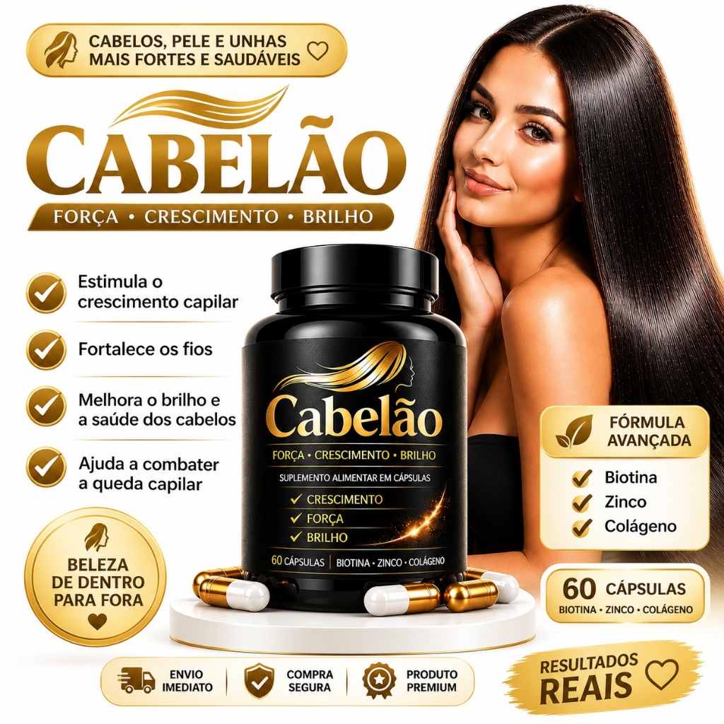 Cabelão Crescimento Capilar 60 Cápsulas Biotina + Zinco + Colágeno | Cabelos Fortes e Brilhantes | Envio Imediato
