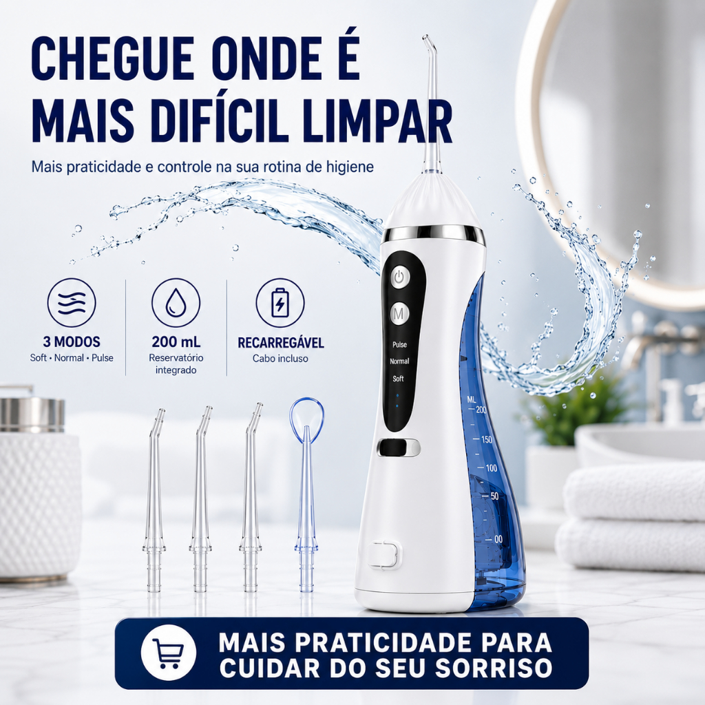 Irrigador Oral Portátil Recarregável USB 200ml 3 Modos com 4 Ponteiras Limpeza Dental para Aparelho oral