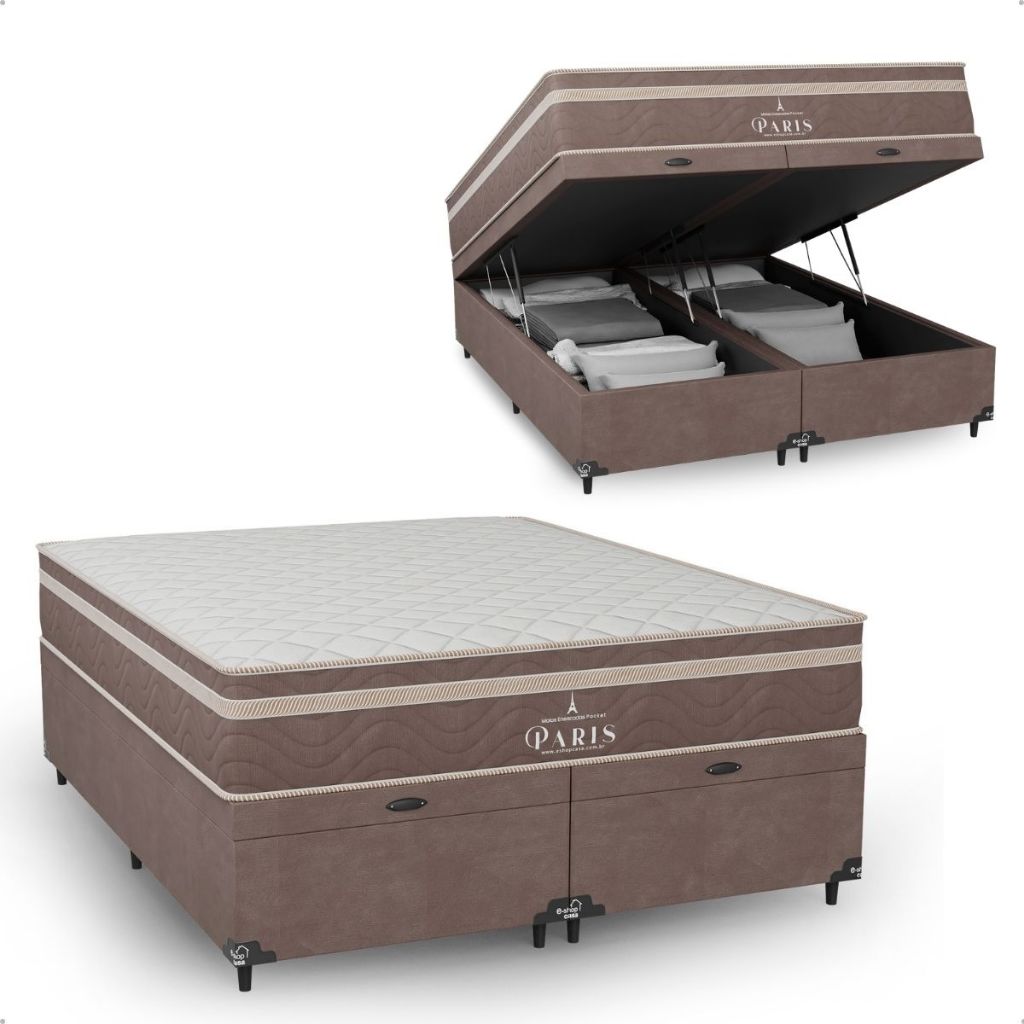 Cama Box Baú Queen Bipartido + Colchão Paris Molas Ensacadas - Suede Marrom - e-Shop Casa