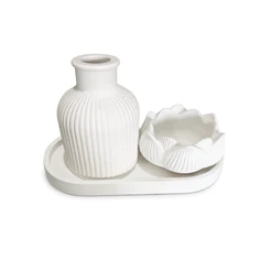 Kit Decorativo Minimalista em Gesso Artesanal – Vaso, Bandeja e Pote para Sala, Quarto