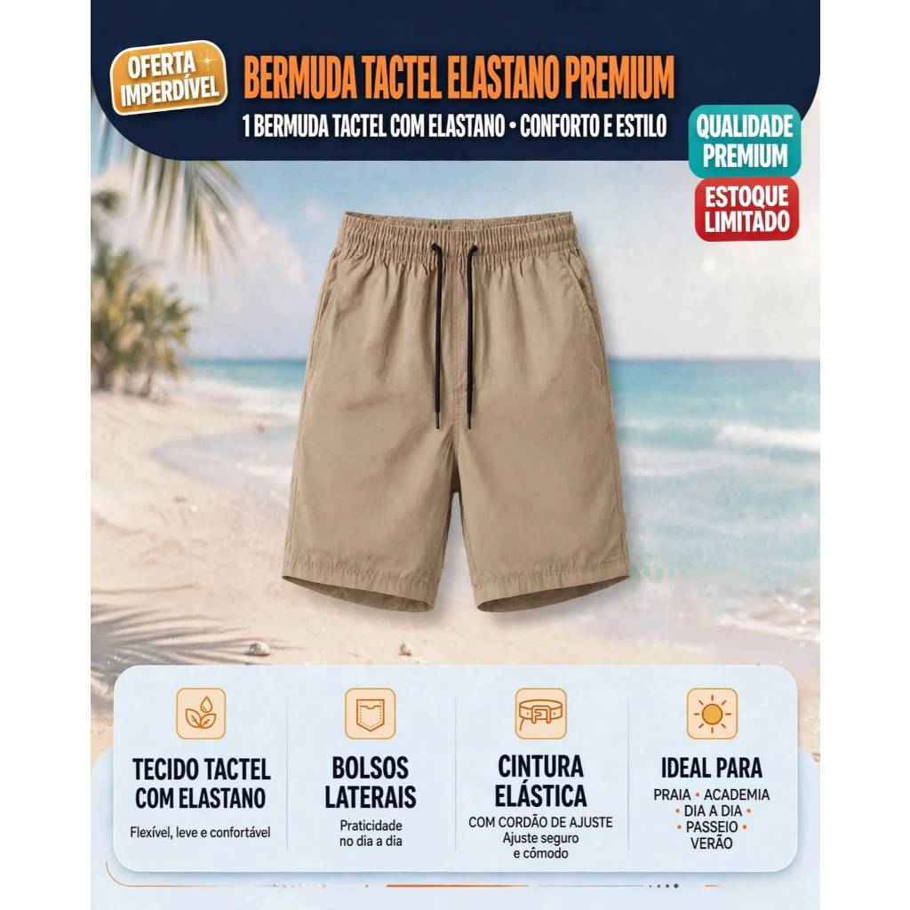 Bermuda Masculina Mauricinho Lisa Tactel Elastano Short Praia