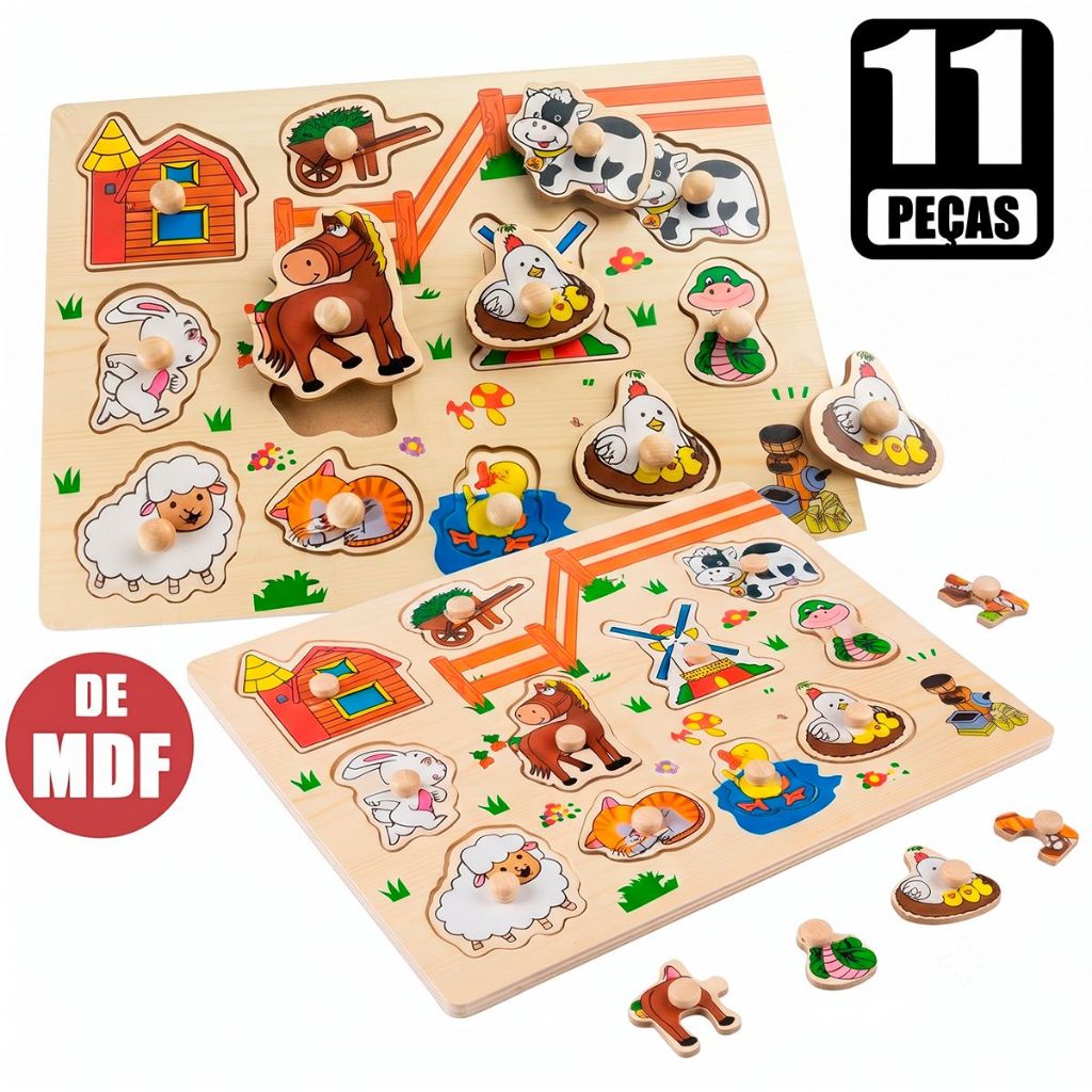 Brinquedo Educativo Tabuleiro de Mdf Encaixe Animais da Fazenda Figuras Geométricas