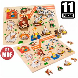 Brinquedo Educativo Tabuleiro de Mdf Encaixe Animais da Fazenda Figuras Geométricas