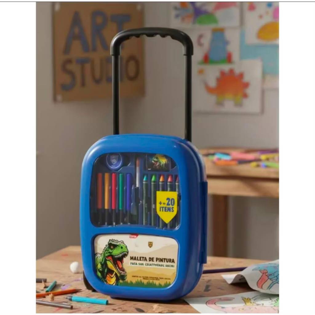 Maleta de Pintura BRW Raptors +20 Itens Infantil Kit Desenho Colorir Escolar Original Dinossauro