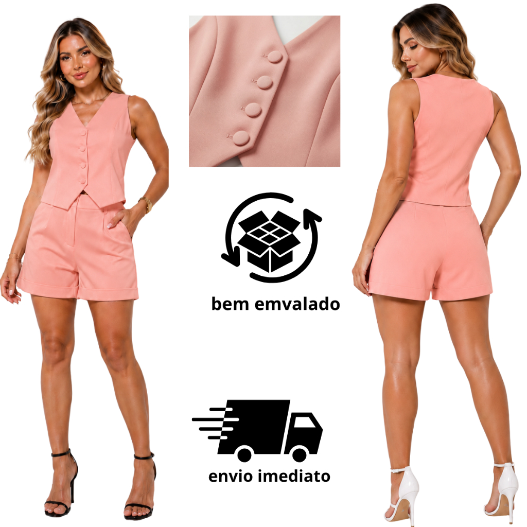 Conjunto Feminino Alfaiataria - Colete e Short Modinha  Elegante Premium confortavel Versatil