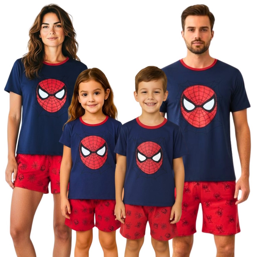 Kit Pijama Família Homem Aranha Verão Manga Curta Short Malha PV Adulto Feminino Masculino e Infantil Promoção