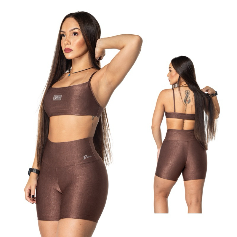 DIASP Conjunto Esportivo Feminino Top + Short Academia Canelado