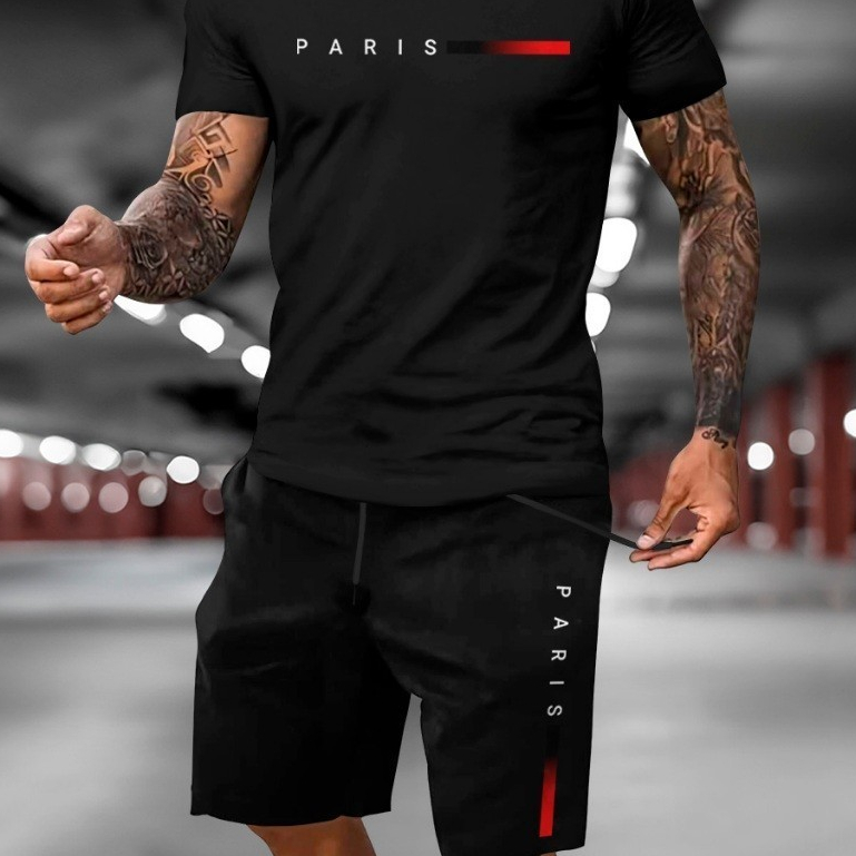 Conjunto Masculino Short Tectel + Camiseta Paris Minimalist  kit Basico Algodão Malha Premium