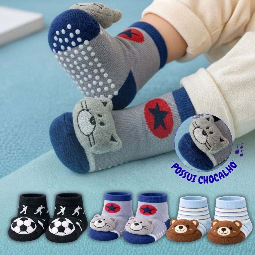 Kit 12, 6 ou 3 Pares de Meias Bebê Menino com Chocalho Sensorial Pelúcia no Pé Algodão Premium 0 a 24 Meses