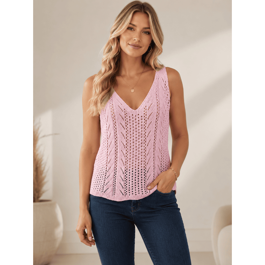 Regata Feminina Tricô Vazado Decote V Elegante Básica Premium Moda Casual 9341