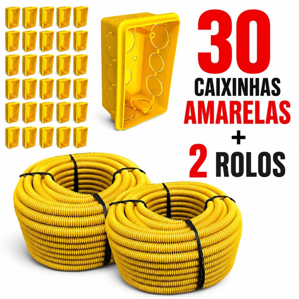 Conduíte Eletroduto Corrugado 3/4 Reforçado Flexível Amarelo Kit 2 Unidades + 30 Caixinhas de Luz Amarela 4x2
