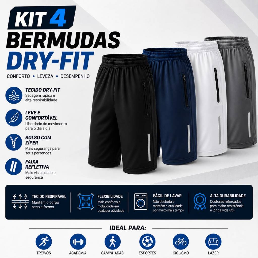 Kit 3 4 ou 6 Bermudas Masculinas Básicas - DryFit - Malha Leve e Confortável - Pronta Entrega Origins - LK