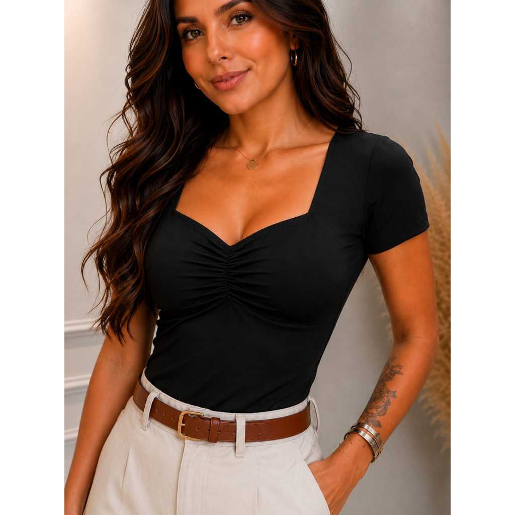 Blusa Feminina Decote Quadrado Franzido Manga Curta Suplex Look Casual Elegante Dia a Dia — imagem 2 de 2