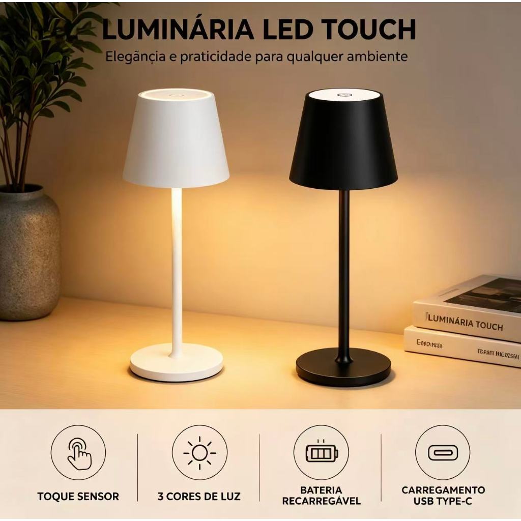 Luminária LED de Mesa Touch Recarregável USB-C – 3 Tons de Luz, Dimerizável, Sem Fio – Modelos Dourado, Branco e Preto