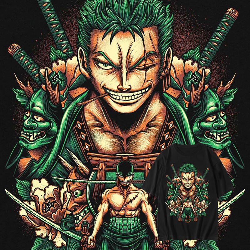 Camiseta de manga curta 100% algodão unissex, estampa detalhada do personagem Zoro de One Piece