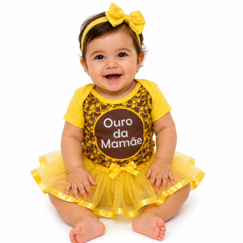 Body Bebê Temático Fantasia Infantil - Ouro Da Mamãe - 100% algodão - Mêsversário