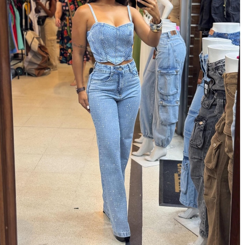 Calça jeans com brilho calça wide leg aplicações + Cropped jeans