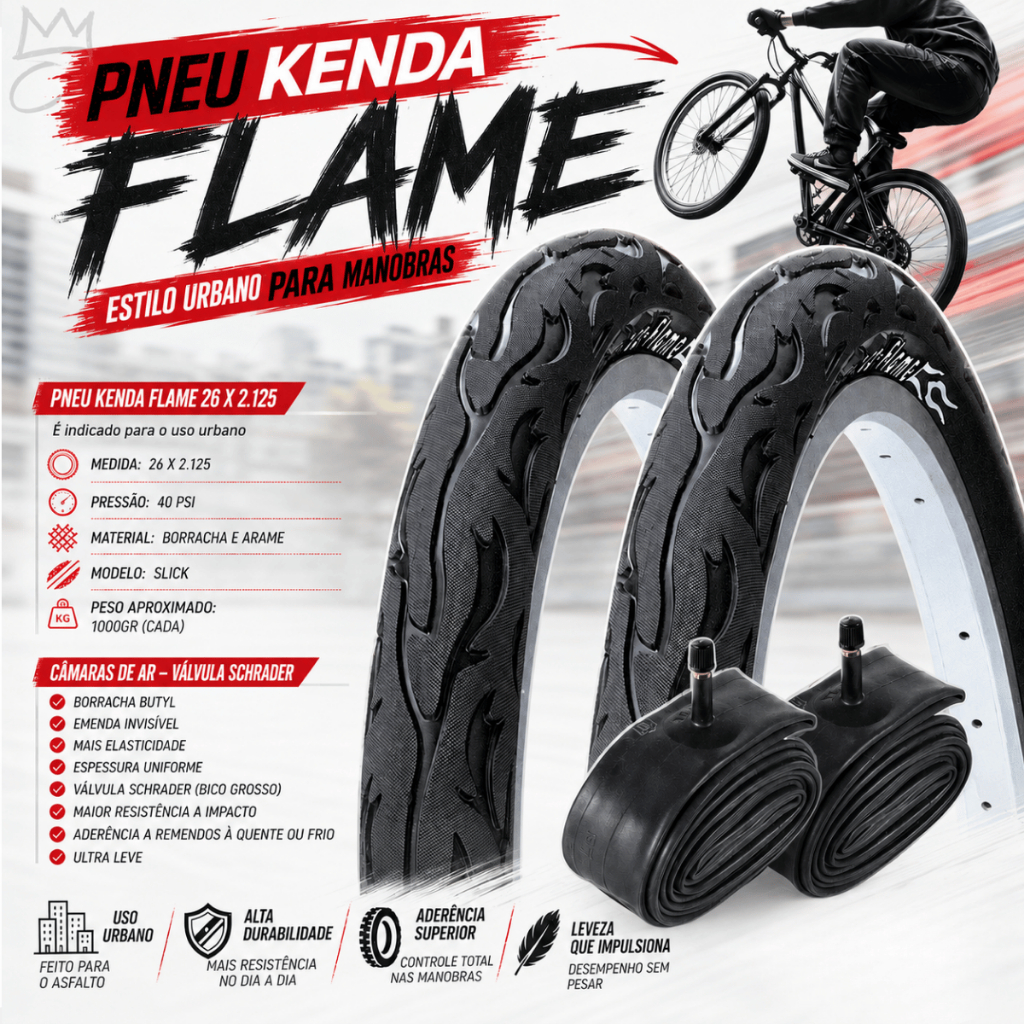 Par Pneu Bicicleta Kenda Flame Aro 26 x 2.125 Balão + 2 camaras de ar Shiver 26 