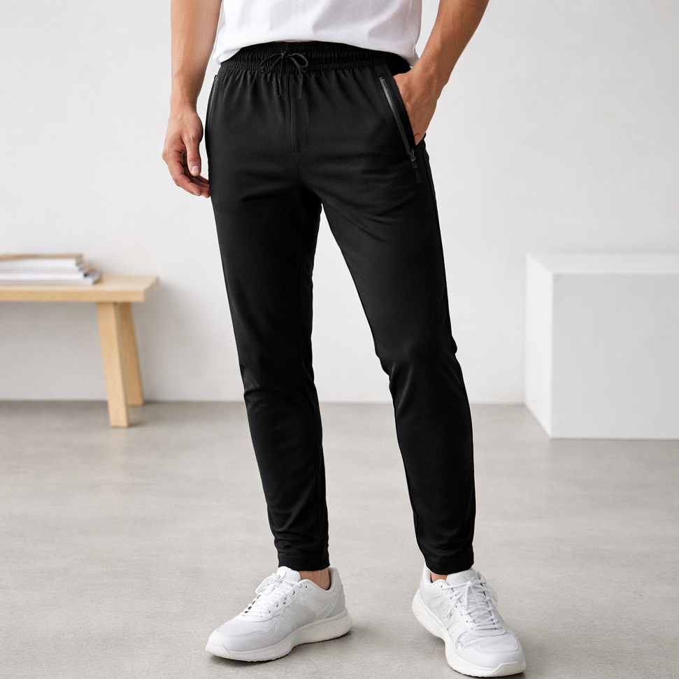 Calça Jogger Preta Masculina Dry Fit Esportiva Com Zíper e Elastano