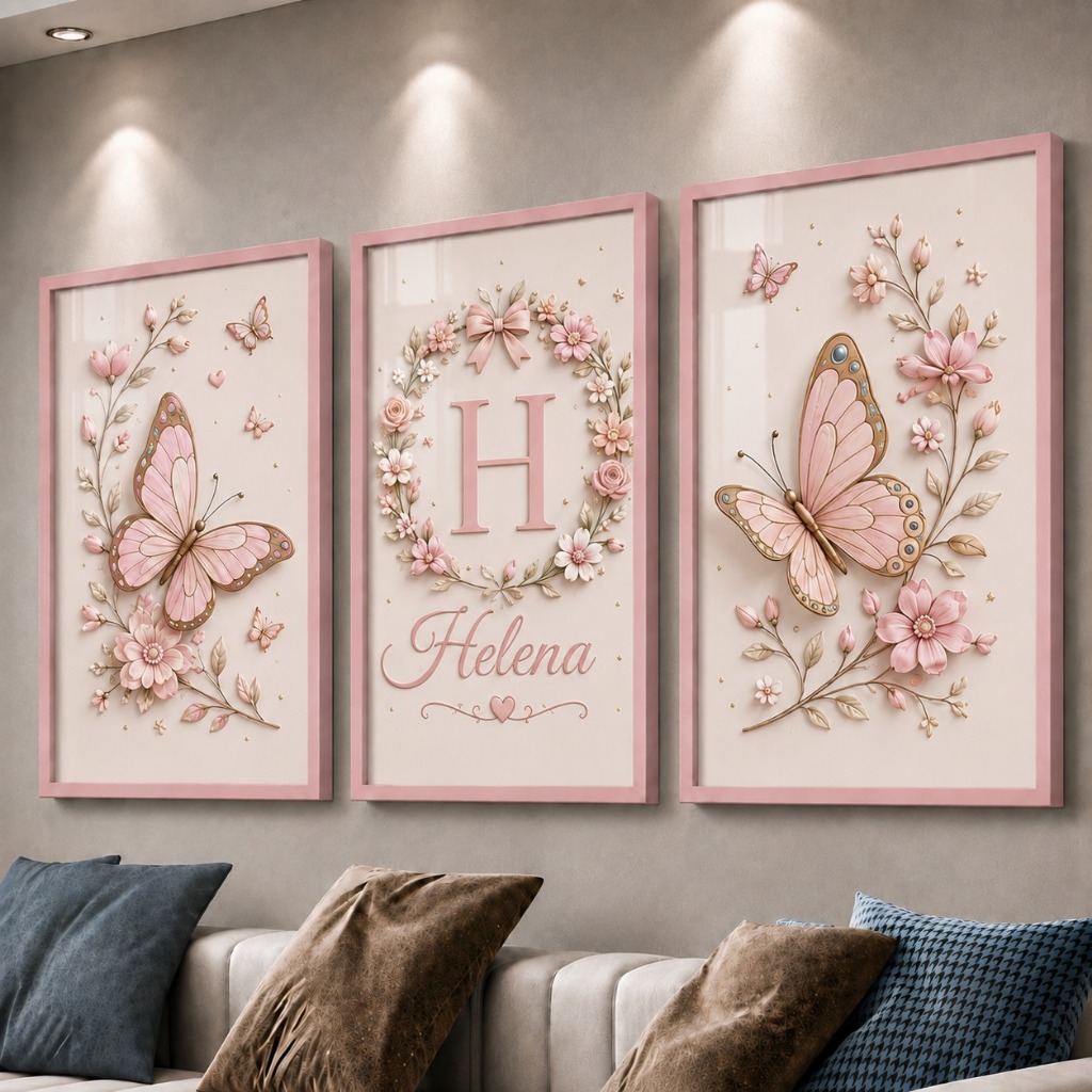 Kit 3 Quadros Decorativos Infantil Borboletas Flores com Inicial e Nome Personalizado para Quarto de Menina Bebê
