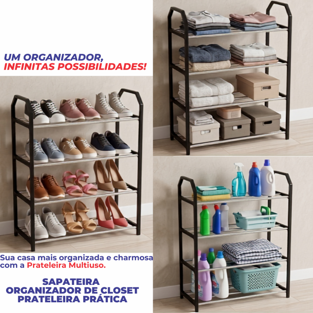 Prateleira Organizadora Multifuncional 4 Andares | Closet | Lavanderia | Cozinha | Banheiro | Escritório | Sapateira
