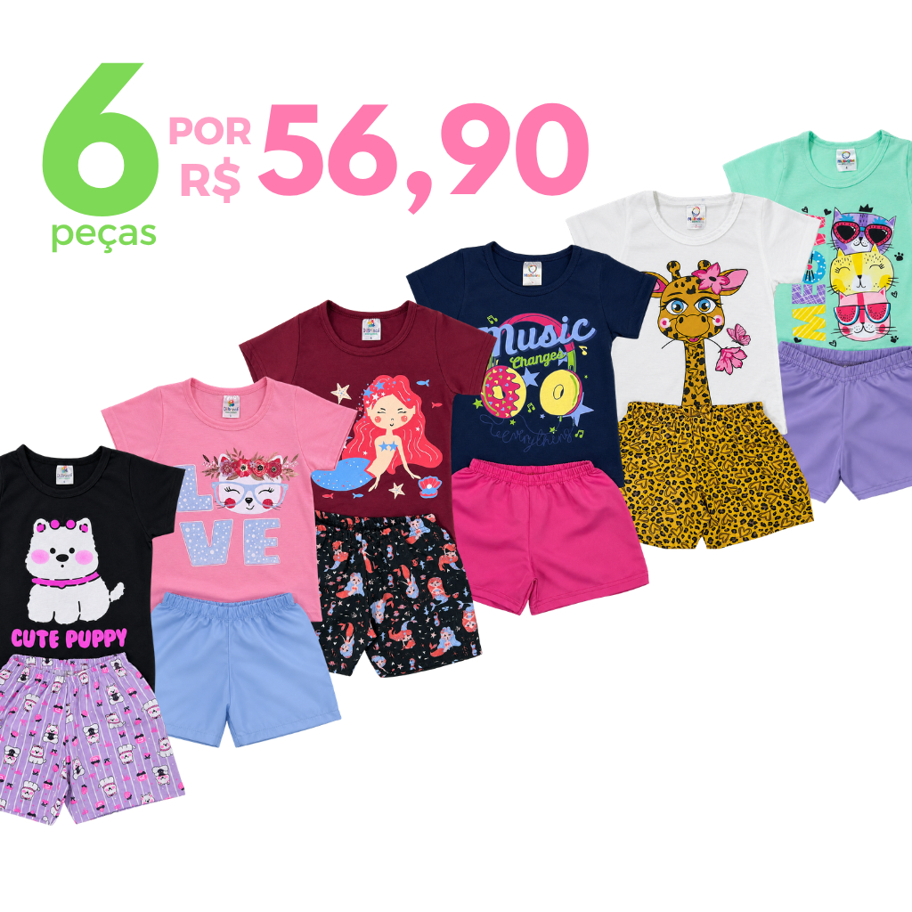 Kit 6 Peças Verão Roupa Infantil Menina Sortidos Camiseta + Shorts Estampado ou Liso 3 Conjuntos