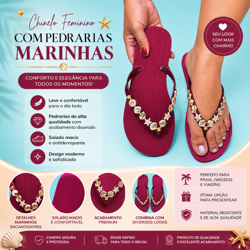 Chinelo Feminino com Pedrarias Marinhas Conchas e Estrelas Antiderrapante Confortável, Elegante e Casual