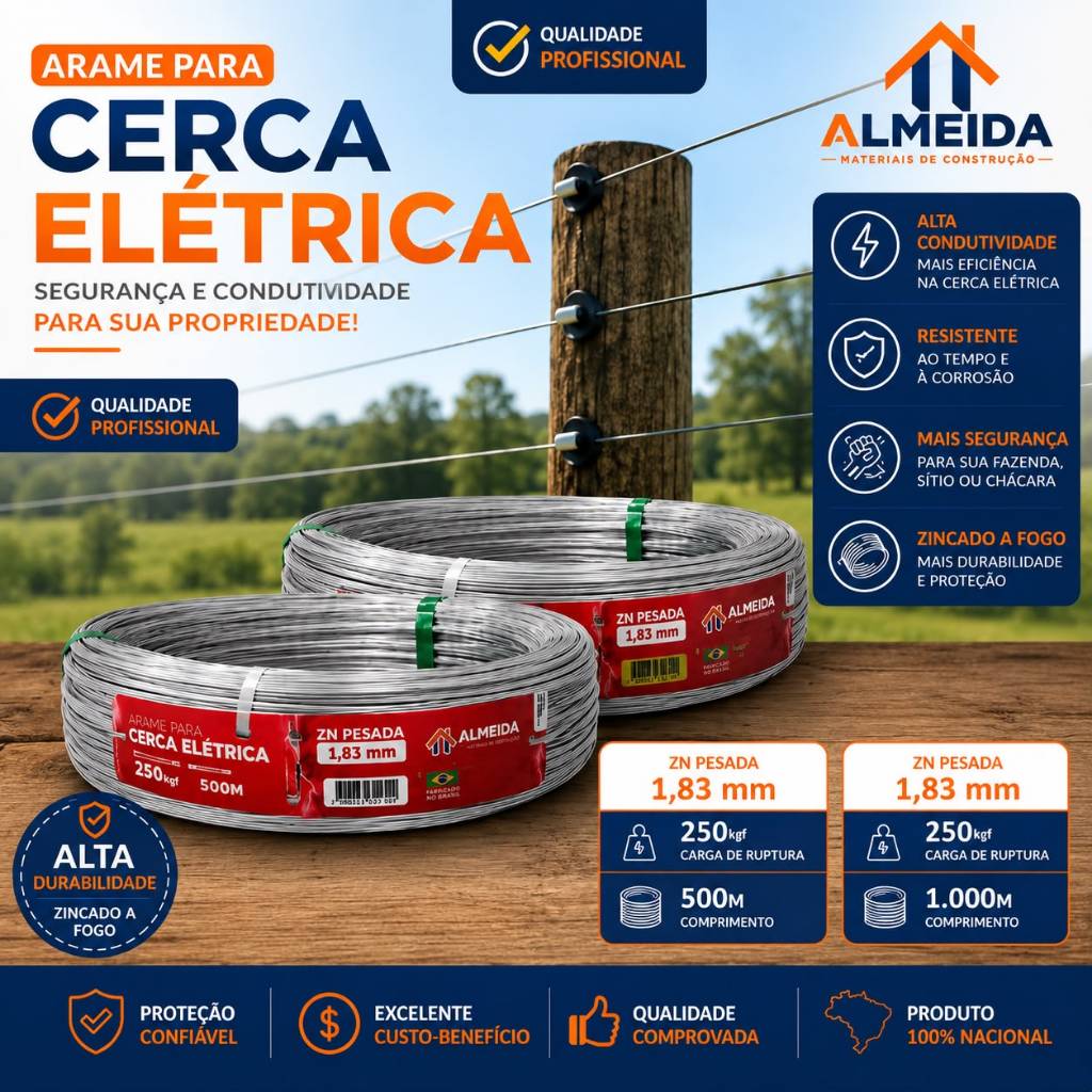 Arame de Choque para Cerca Elétrica 1,83mm Galvanizado Zincado Pesado 500m ou 1000m Alta Resistência Rural