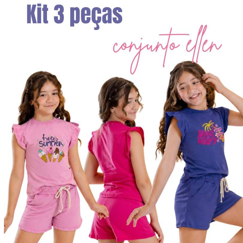 Kit 6 Peças Roupas Infantil Menina Sortido Conjunto Verão Corfortavel Estiloso - 3 Blusas + 3 Shorts - Criança Feminina