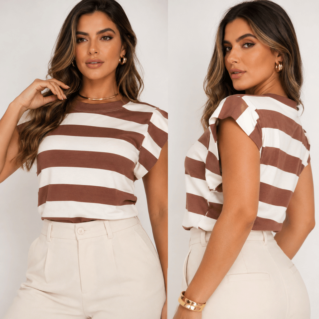 Blusa Muscle Tee Listrada T-Shirt Básica Moda Feminina Estilosa Básica Gola Redonda Moda