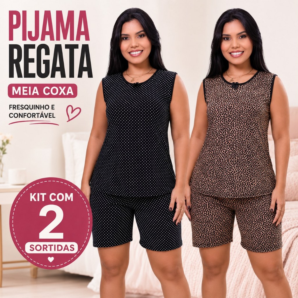 Kit 2 Pijamas Feminino Regata Meia Coxa Malha Fria Liganete Roupa de Dormir Estampado Senhora