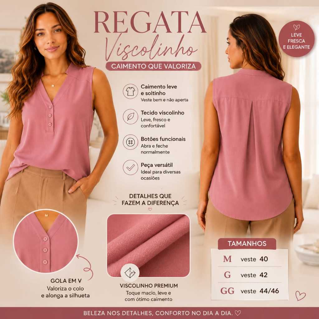 Regata Feminina em Viscolinho com Botões Funcionais | Leve, Elegante, Confortável e Fresca M G GG
