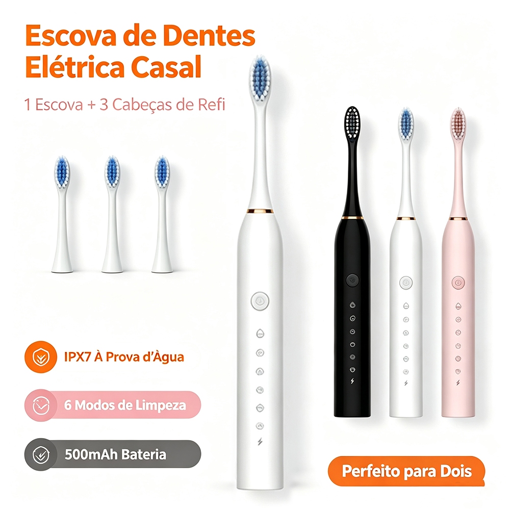 Escova de Dente Elétrica Sônica X-3 com 4 Cabeças - 6 Modos, IPX7, Limpeza Profunda