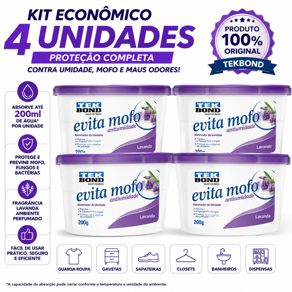 Kit 4 Evita Mofo Tekbond Lavanda 200g Desumidificador Antimofo Absorvedor Umidade Guarda Roupa Armario Gaveta